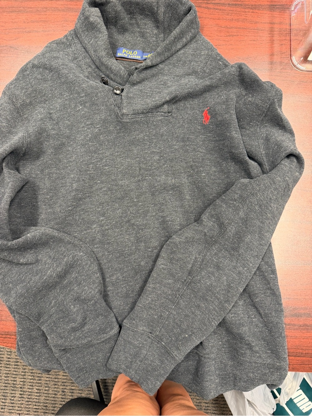 Polo by Ralph Lauren Men's Charcoal Shawl-Collar Sweater with Red Pony